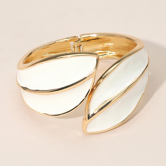 White Gold Leaf Bold Abstract Cuff Bangle Bracelet Fashion Statement Jewelry - Picture 1 of 4